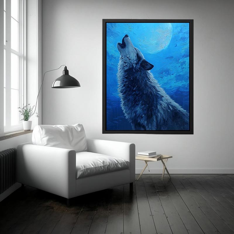 Wolf canvas artwork under a moonlit sky for dramatic modern living room decor.