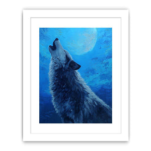 Wolf canvas artwork under a moonlit sky for dramatic modern living room decor.
