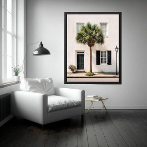 Elegant palm tree beside white coastal architecture for modern living room decor.