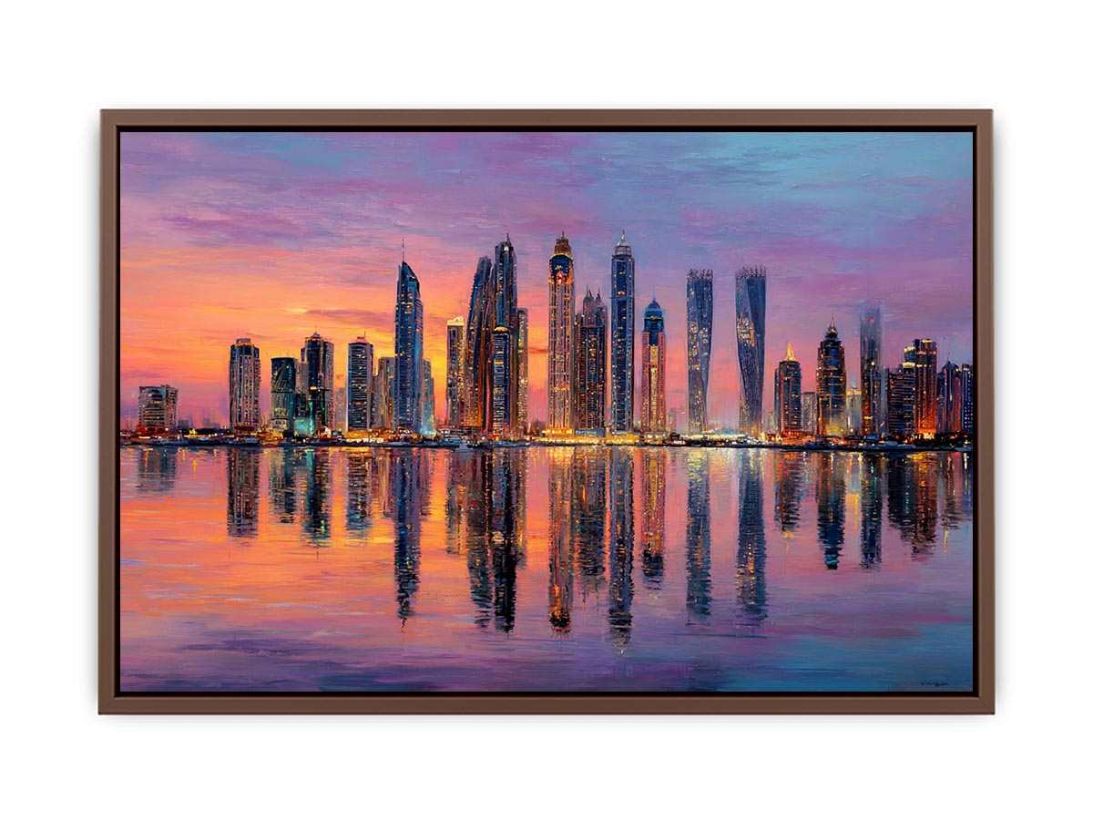 Colorful skyline artwork with waterfront reflections for modern office decor.