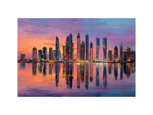 Colorful skyline artwork with waterfront reflections for modern office decor.