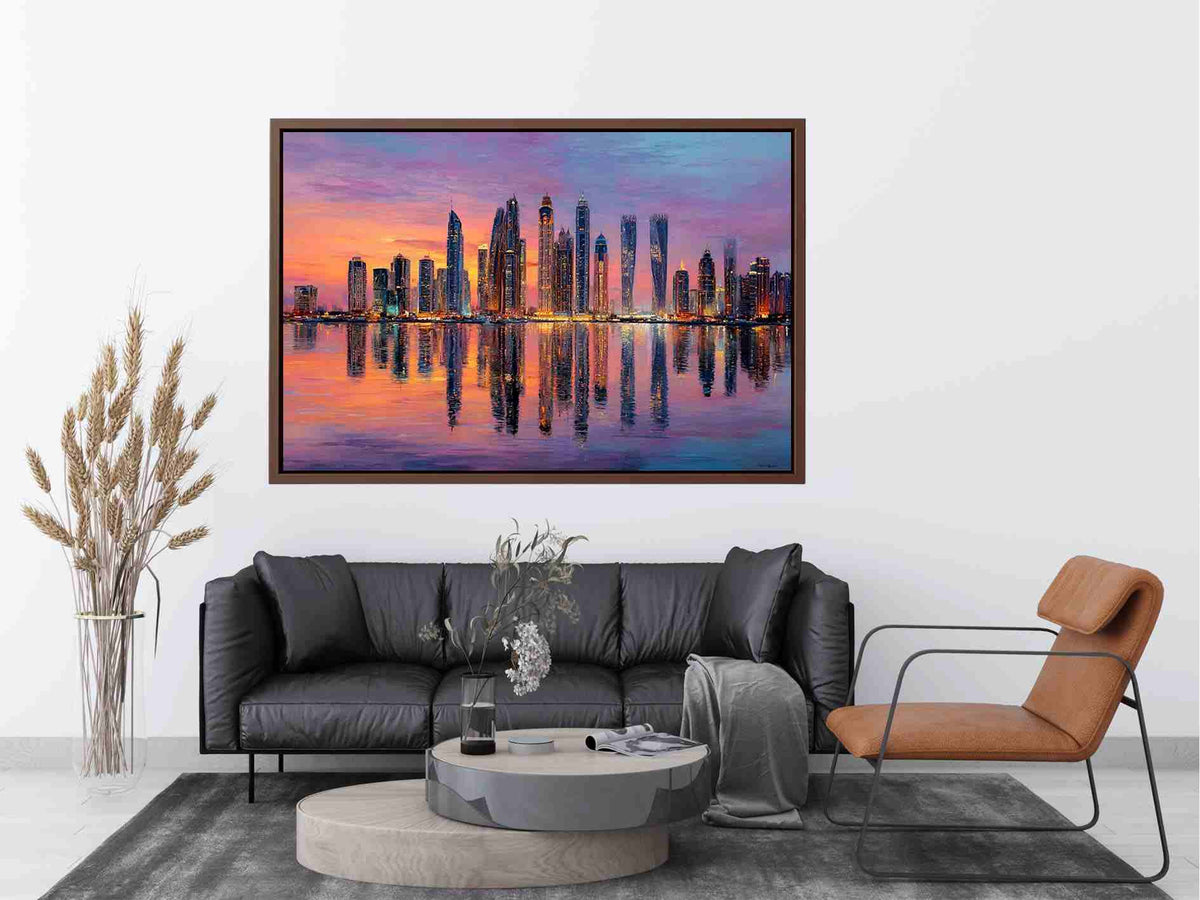 Colorful skyline artwork with waterfront reflections for modern office decor.