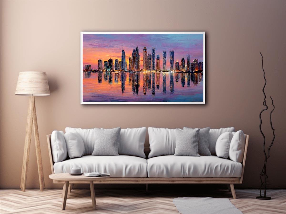 Colorful skyline artwork with waterfront reflections for modern office decor.