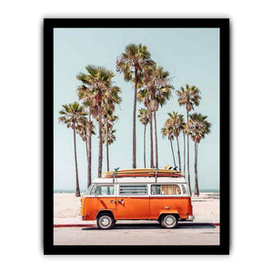 Vintage surf van with palm trees and beach atmosphere for coastal living room decor.