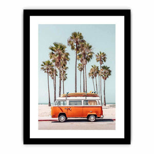 Vintage surf van with palm trees and beach atmosphere for coastal living room decor.