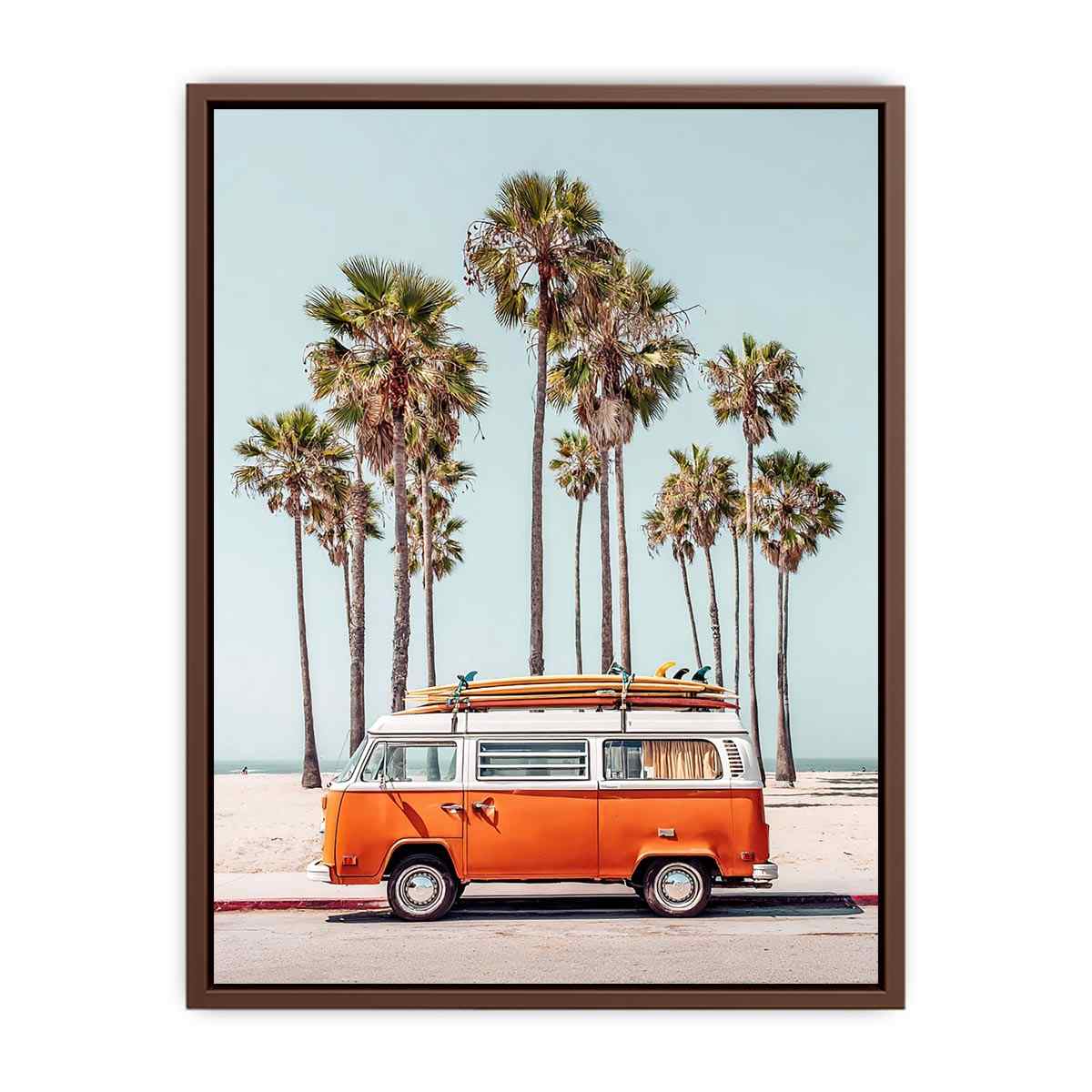 Vintage surf van with palm trees and beach atmosphere for coastal living room decor.
