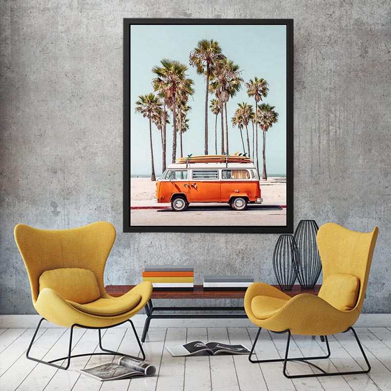 Vintage surf van with palm trees and beach atmosphere for coastal living room decor.