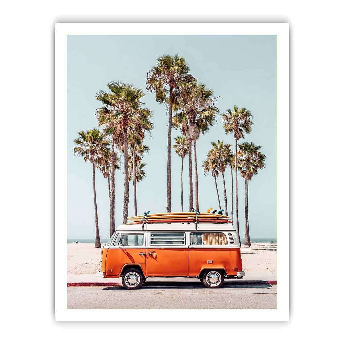 Vintage surf van with palm trees and beach atmosphere for coastal living room decor.