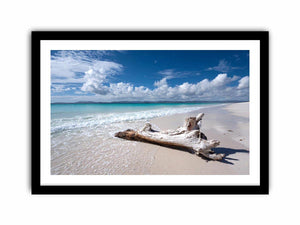 Peaceful beach and driftwood canvas art for coastal bedroom decor.