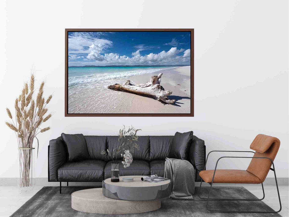 Peaceful beach and driftwood canvas art for coastal bedroom decor.