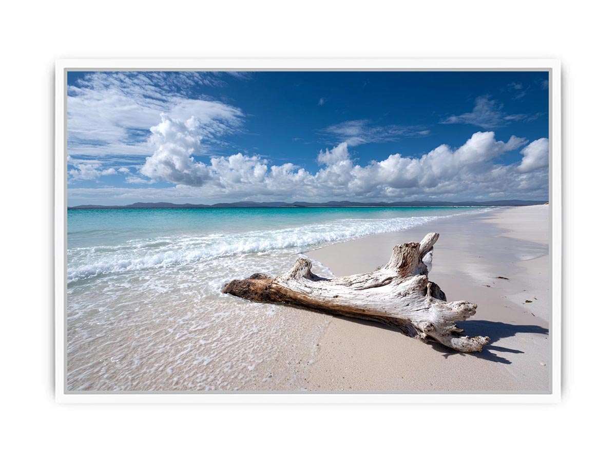 Peaceful beach and driftwood canvas art for coastal bedroom decor.