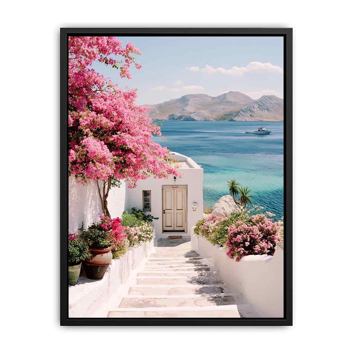 Mediterranean coastal flowers and sea view artwork for elegant living room decor.