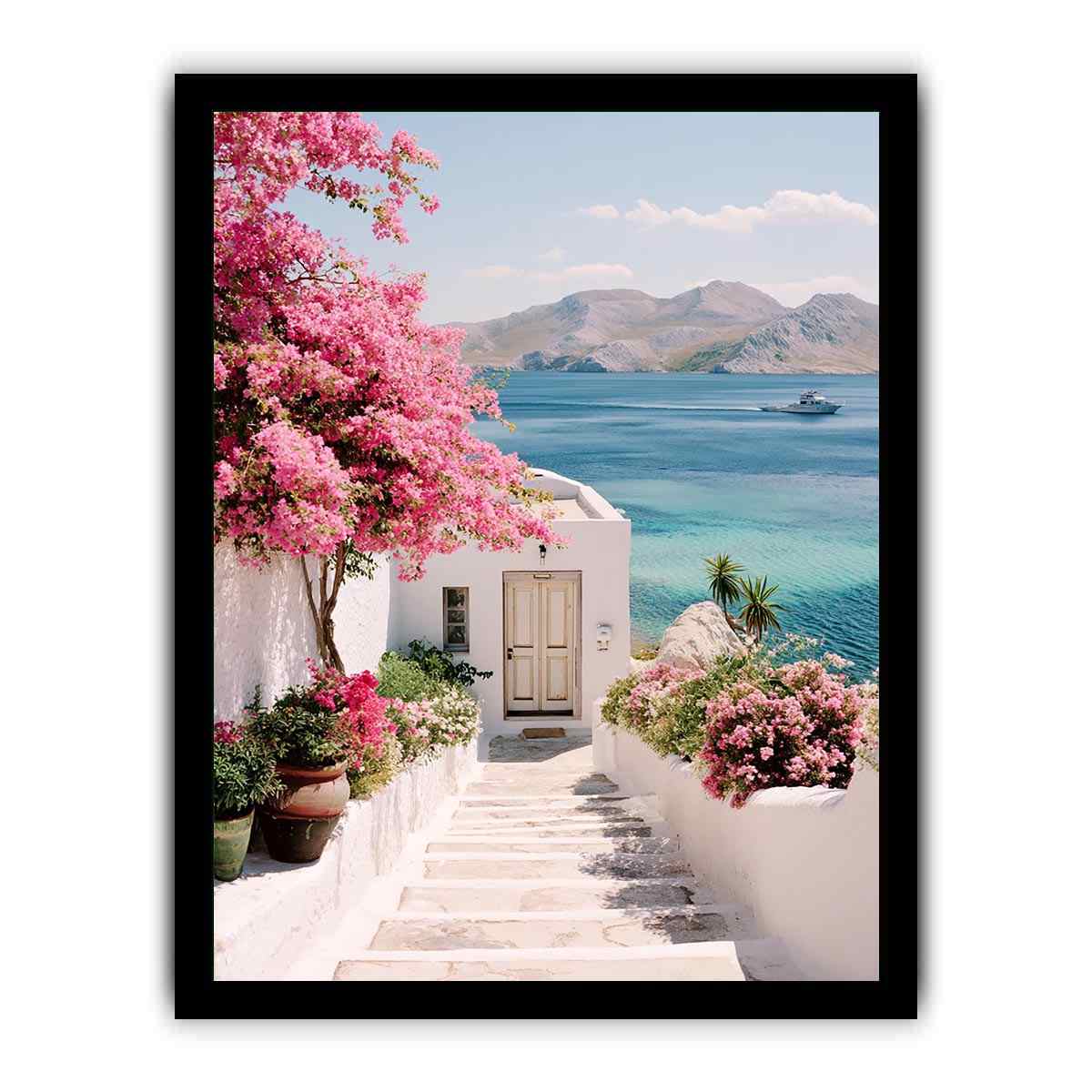 Mediterranean coastal flowers and sea view artwork for elegant living room decor.