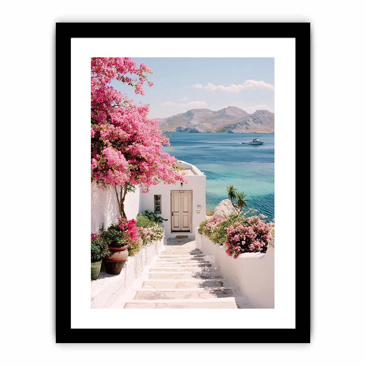 Mediterranean coastal flowers and sea view artwork for elegant living room decor.
