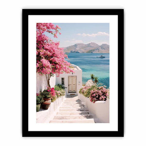 Mediterranean coastal flowers and sea view artwork for elegant living room decor.