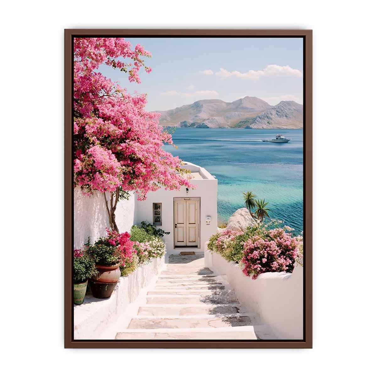 Mediterranean coastal flowers and sea view artwork for elegant living room decor.
