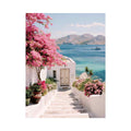 Mediterranean coastal flowers and sea view artwork for elegant living room decor.