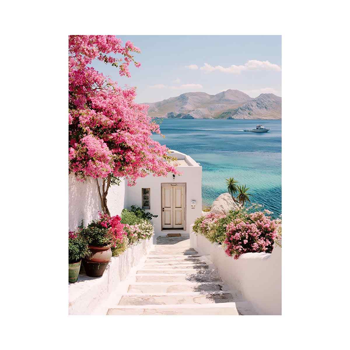Mediterranean coastal flowers and sea view artwork for elegant living room decor.