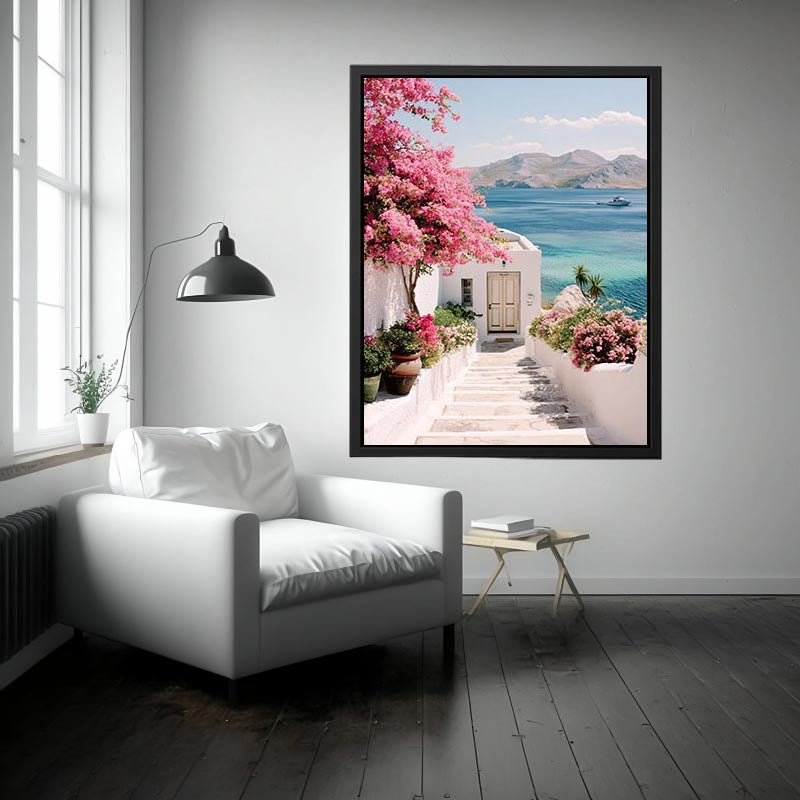 Mediterranean coastal flowers and sea view artwork for elegant living room decor.
