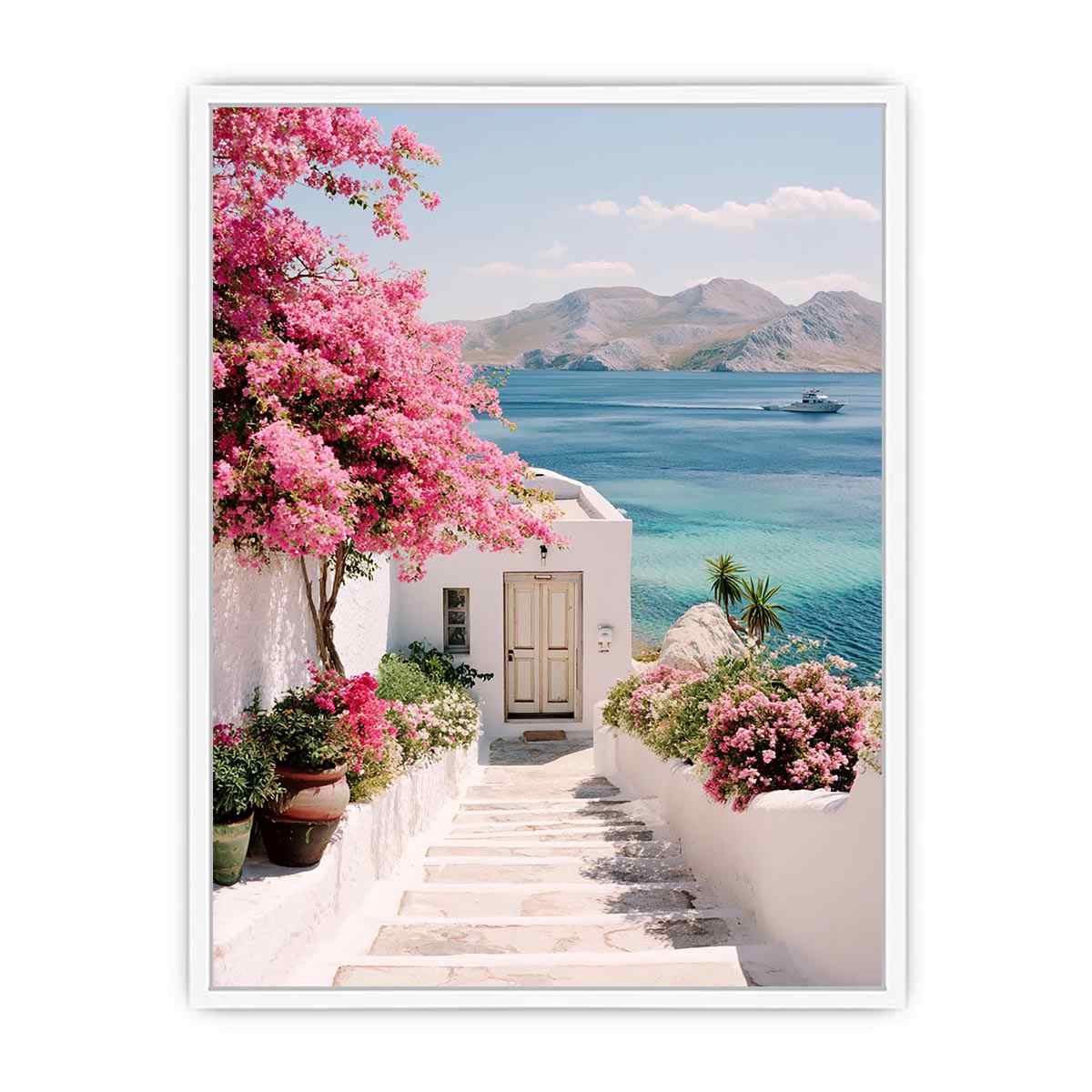 Mediterranean coastal flowers and sea view artwork for elegant living room decor.