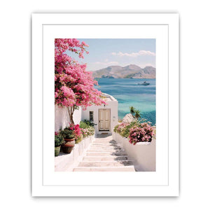 Mediterranean coastal flowers and sea view artwork for elegant living room decor.