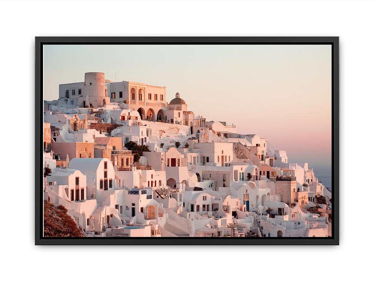 White Mediterranean hillside architecture artwork for luxury living room decor.