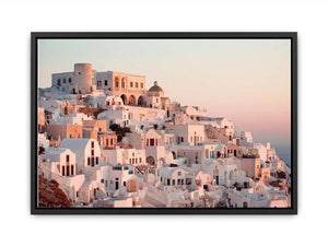 White Mediterranean hillside architecture artwork for luxury living room decor.