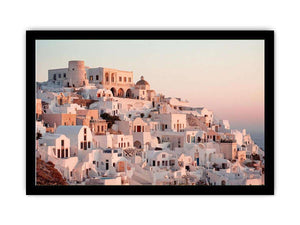White Mediterranean hillside architecture artwork for luxury living room decor.