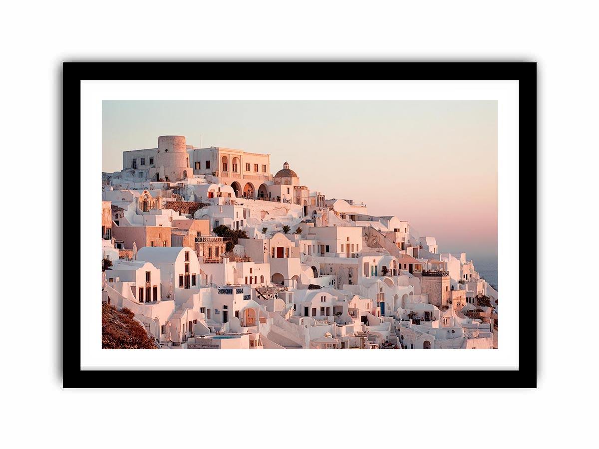White Mediterranean hillside architecture artwork for luxury living room decor.