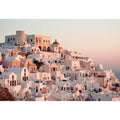 White Mediterranean hillside architecture artwork for luxury living room decor.
