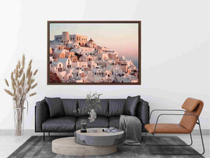 White Mediterranean hillside architecture artwork for luxury living room decor.