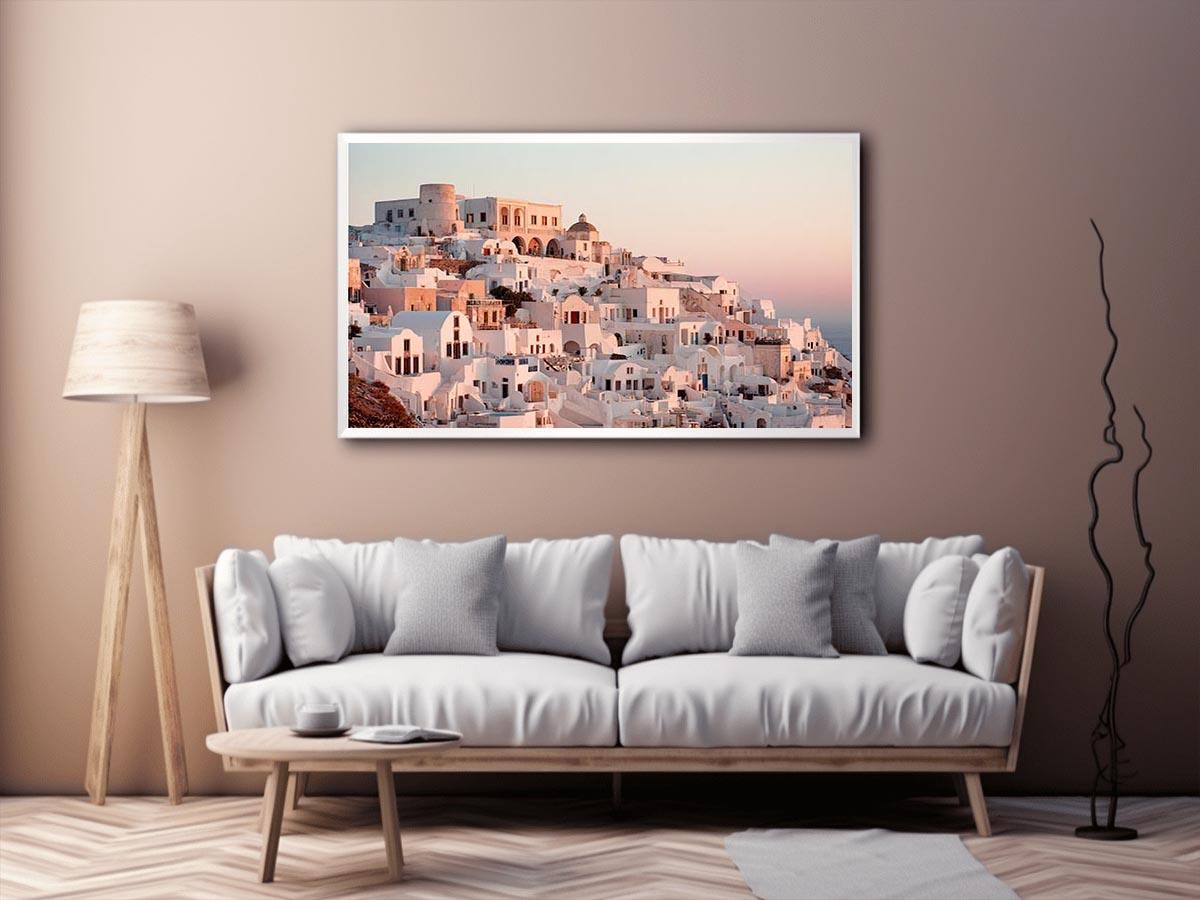 White Mediterranean hillside architecture artwork for luxury living room decor.