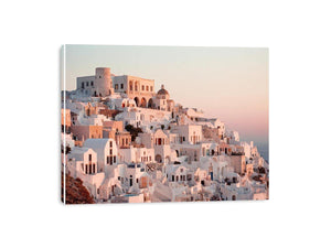 White Mediterranean hillside architecture artwork for luxury living room decor.