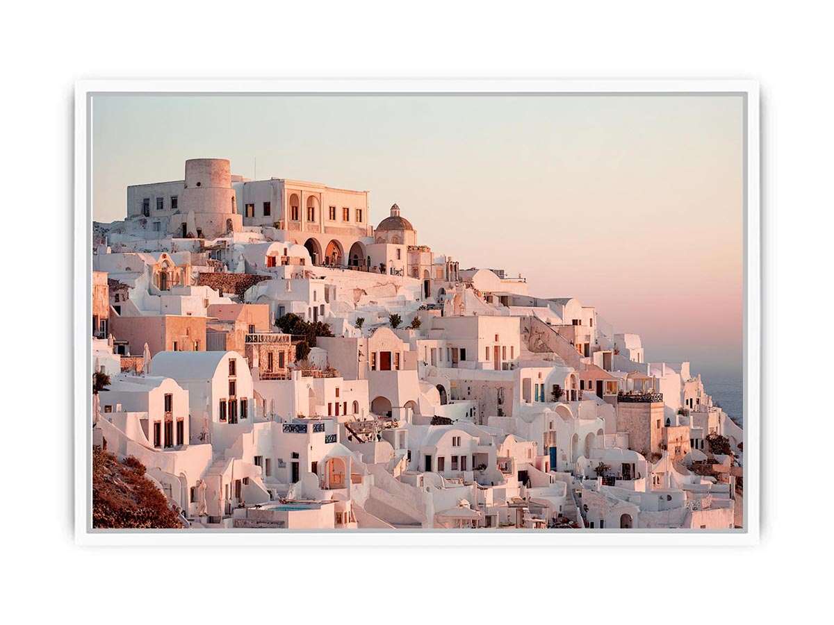 White Mediterranean hillside architecture artwork for luxury living room decor.