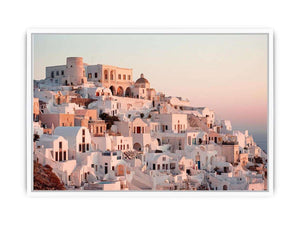 White Mediterranean hillside architecture artwork for luxury living room decor.