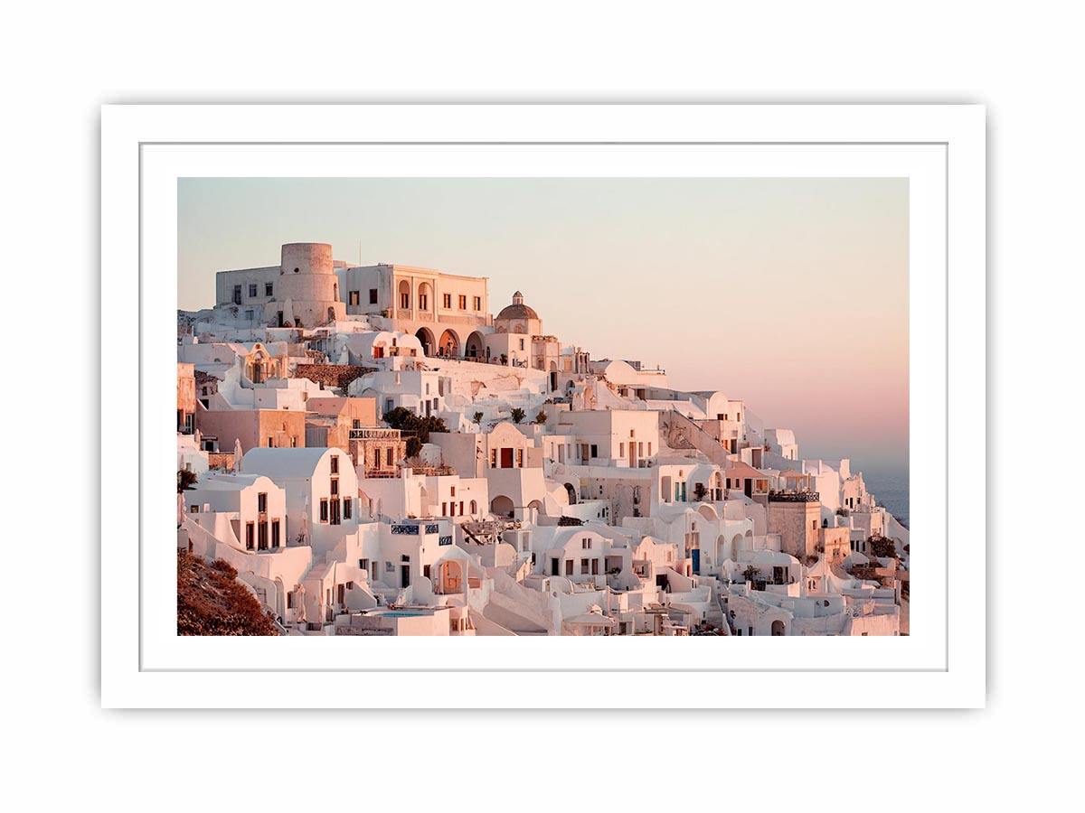 White Mediterranean hillside architecture artwork for luxury living room decor.