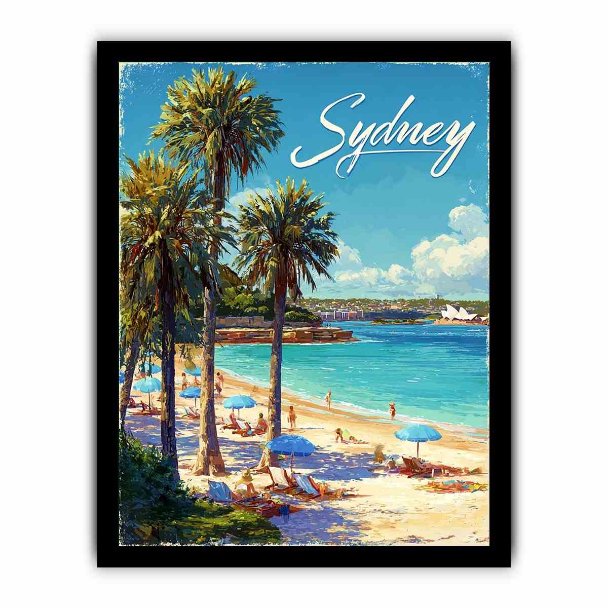 Sydney beach illustration with palm trees for coastal living room decor.