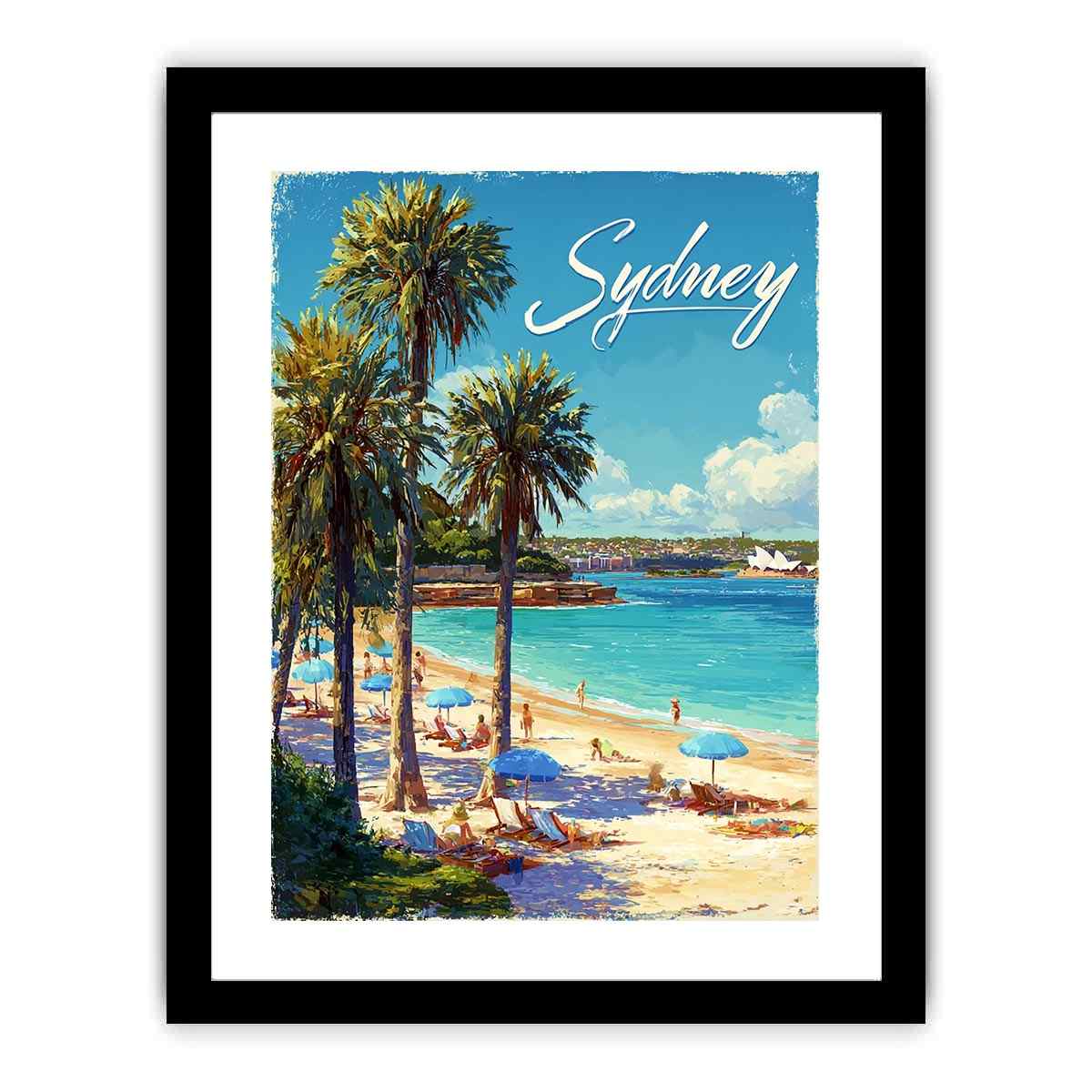 Sydney beach illustration with palm trees for coastal living room decor.