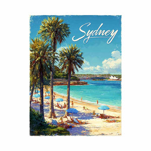 Sydney beach illustration with palm trees for coastal living room decor.