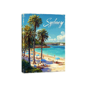 Sydney beach illustration with palm trees for coastal living room decor.