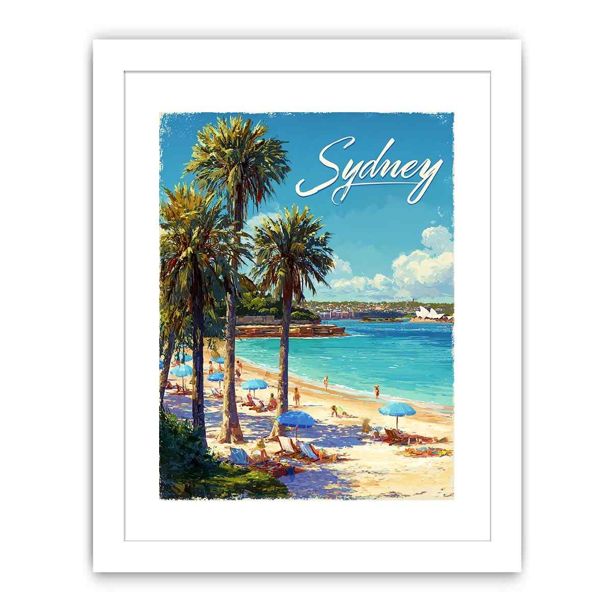 Sydney beach illustration with palm trees for coastal living room decor.