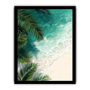 Coastal beach artwork with turquoise ocean waves and palm leaves for relaxing coastal living room decor