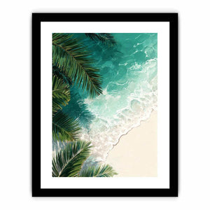 Coastal beach artwork with turquoise ocean waves and palm leaves for relaxing coastal living room decor