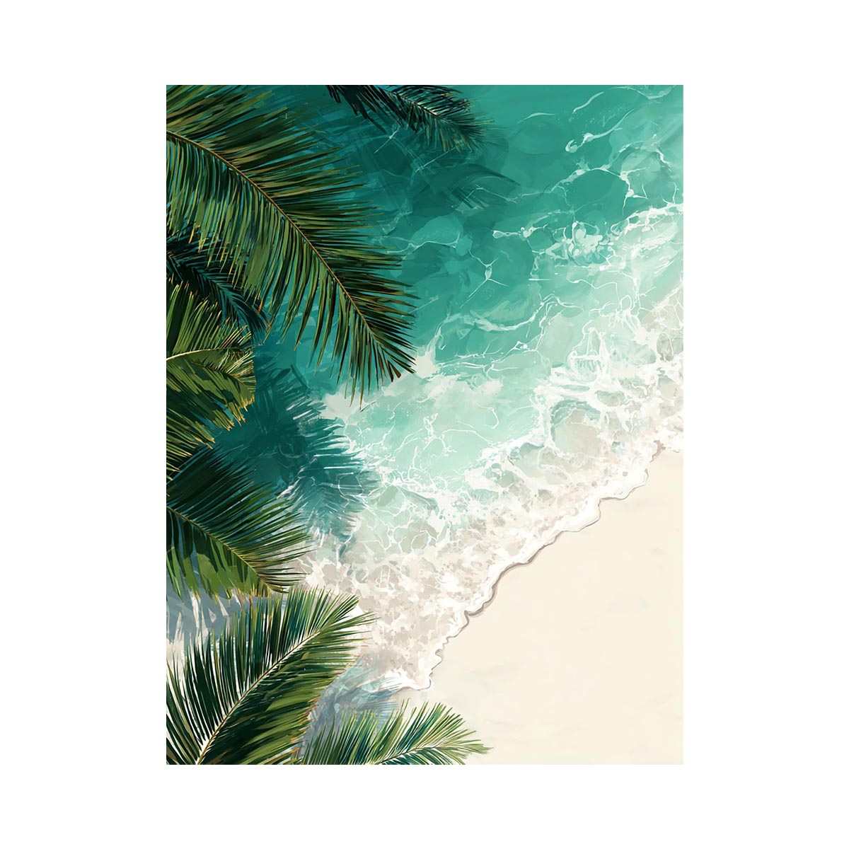 Coastal beach artwork with turquoise ocean waves and palm leaves for relaxing coastal living room decor