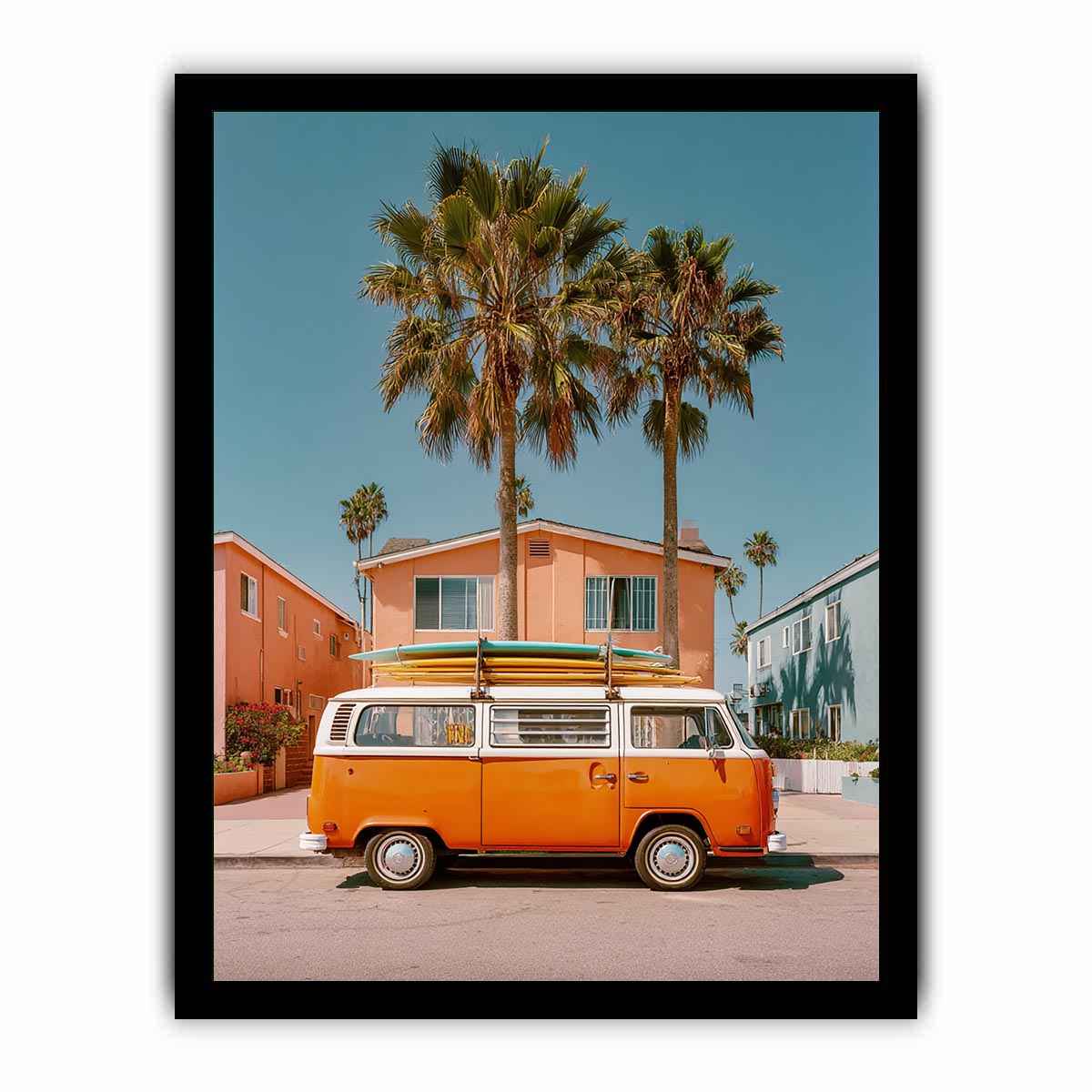 Vintage surf van artwork with palm trees for beach house and coastal living room decor