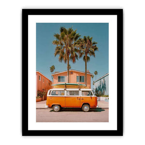 Vintage surf van artwork with palm trees for beach house and coastal living room decor