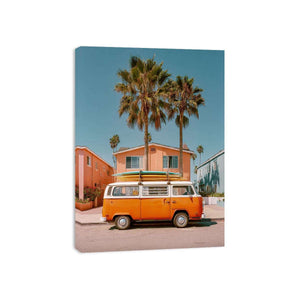 Vintage surf van artwork with palm trees for beach house and coastal living room decor