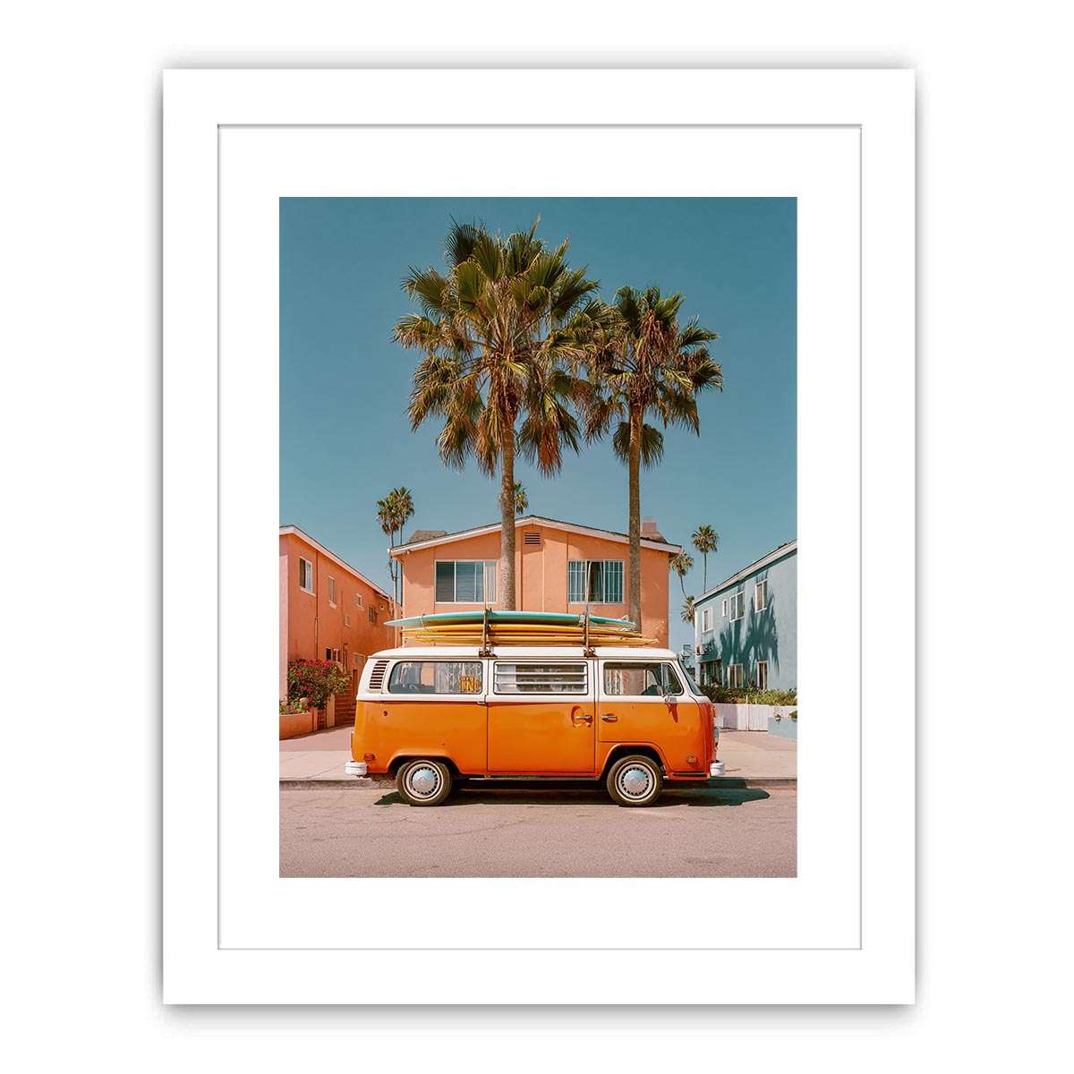Vintage surf van artwork with palm trees for beach house and coastal living room decor