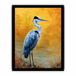 Elegant heron artwork with golden background for serene modern living room decor