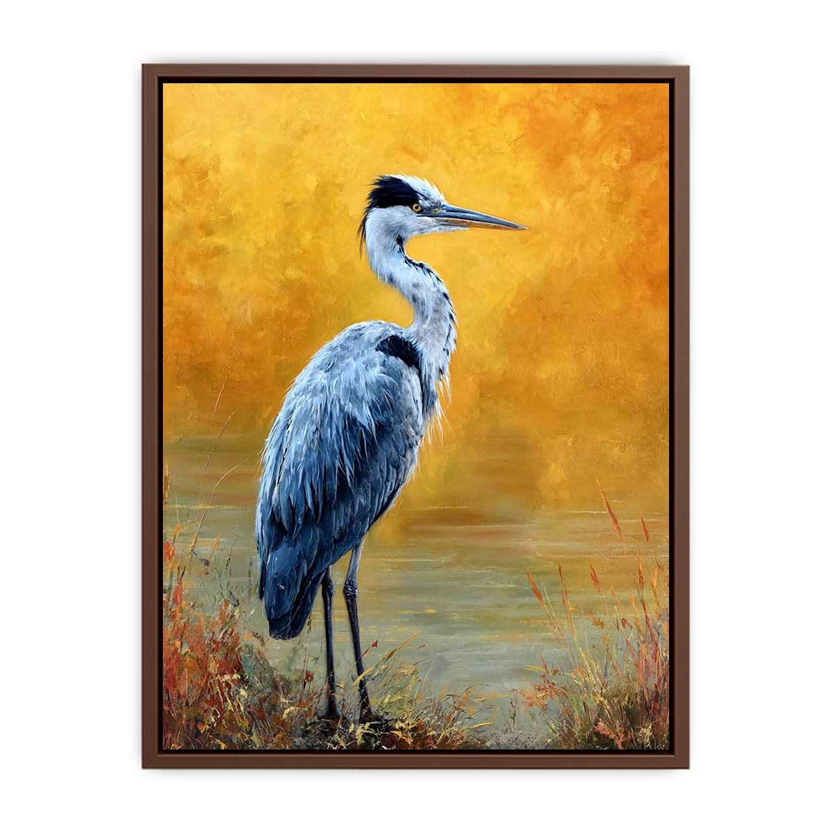 Elegant heron artwork with golden background for serene modern living room decor